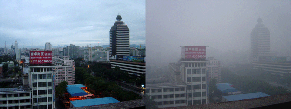 Mittlerweile ein berühmtes Bild: Peking im August 2005, links nach einem Regenschauer und rechts voller Smog an einem normalerweise sonnigen Tag (Foto: Bobak, Lizenz: CC BY-SA 2.5)