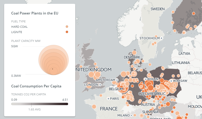 Ein Ausschnitt aus einer Karte von Kohlekraftwerken in der EU (Screenshot von climateanalytics.org)